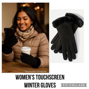 Women’s Black Thermal Winter Gloves Faux Fur Cuff Touchscreen Compatible